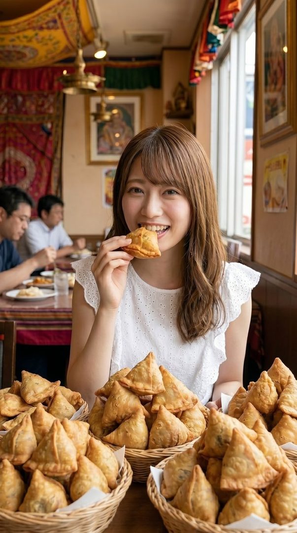 A smiling woman with long brown hair is about to eat a samosa, surrounded by baskets of samosas in a restaurant.