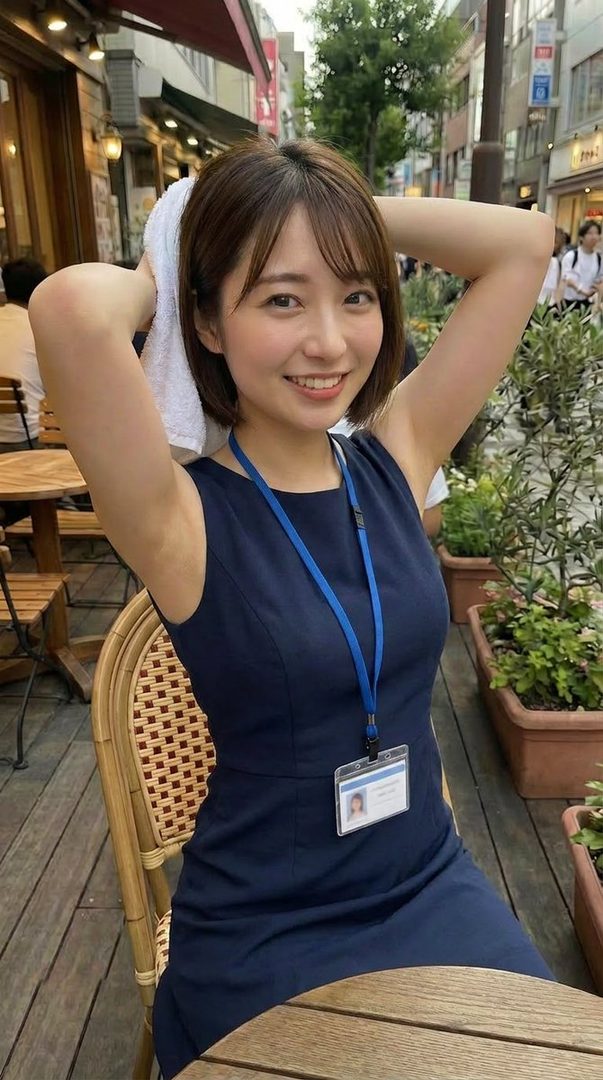 A smiling woman with short brown hair and a navy blue dress sits at an outdoor cafe, holding a white towel behind her head.