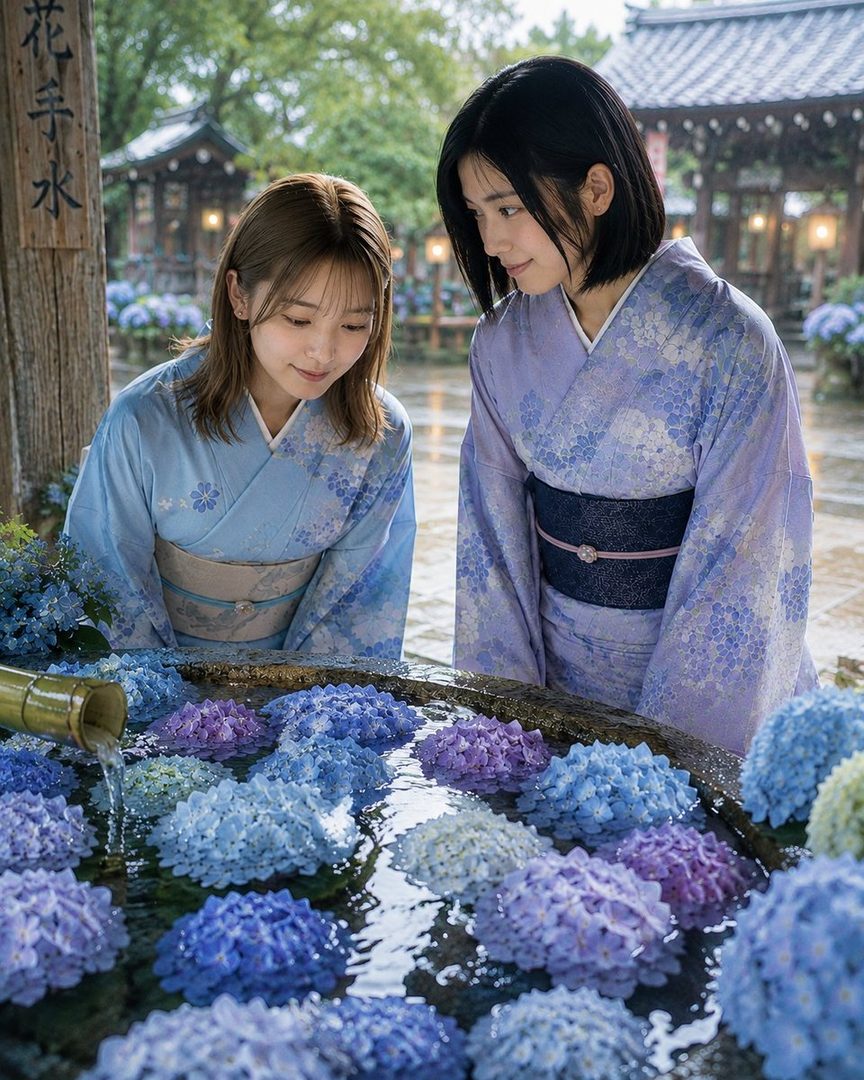 Two women in kimonos admire a flower-filled water basin with hydrangeas.