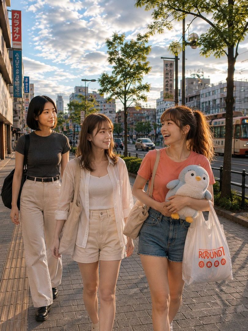 Three young women walk down a city street in Japan, one carrying a penguin plushie and a shopping bag.