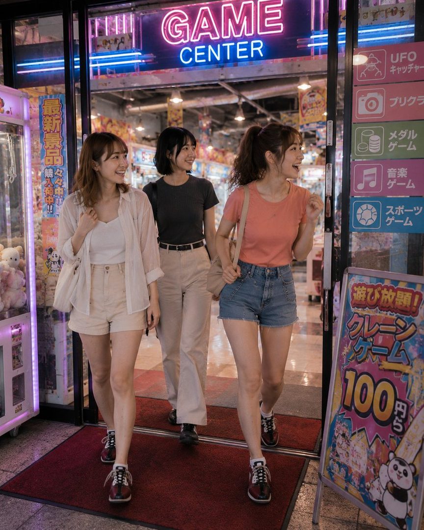 Three young women are walking out of a game center, smiling and looking to the side.