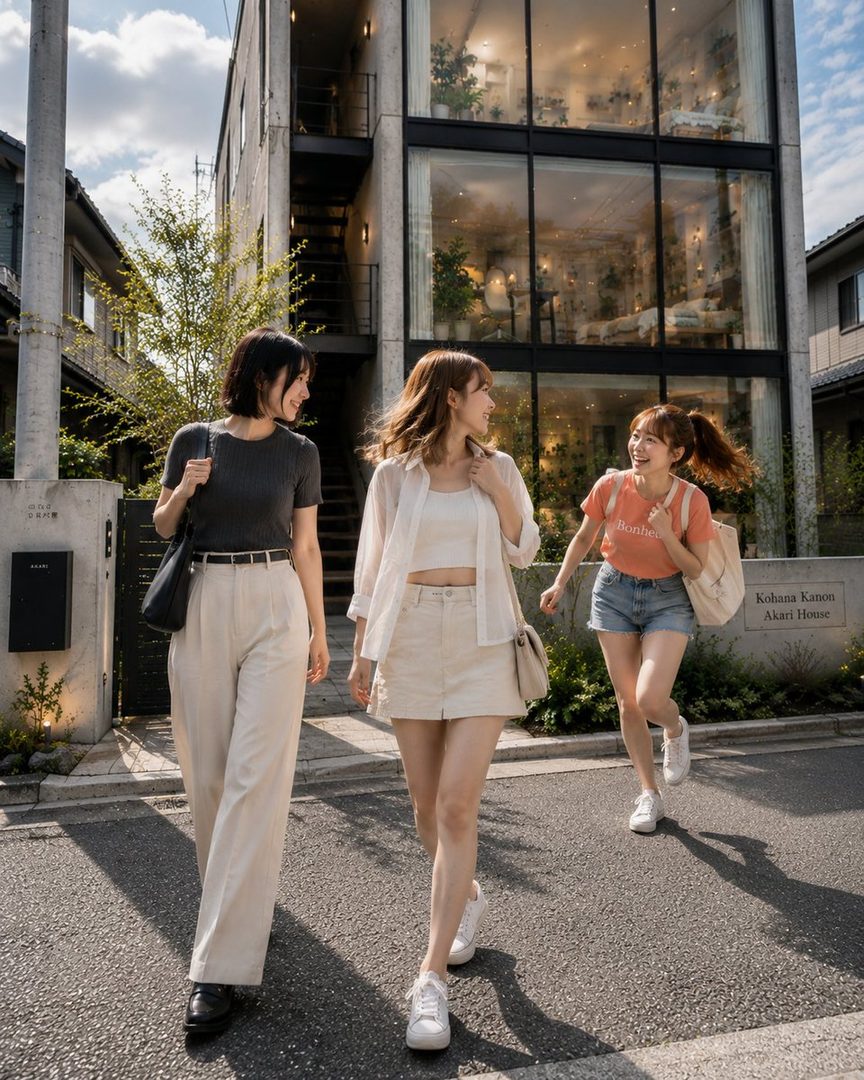 Three young women walk down a sunny street in front of a modern building, smiling and chatting.