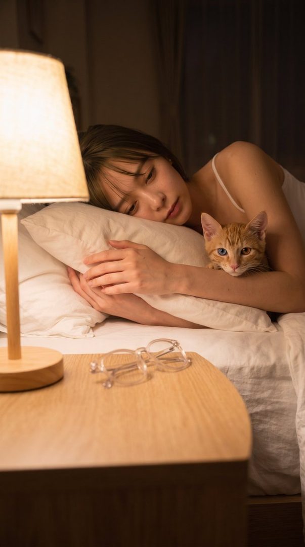 A woman with brown hair and bangs is lying in bed, holding a small orange cat with heterochromia, next to a bedside lamp.