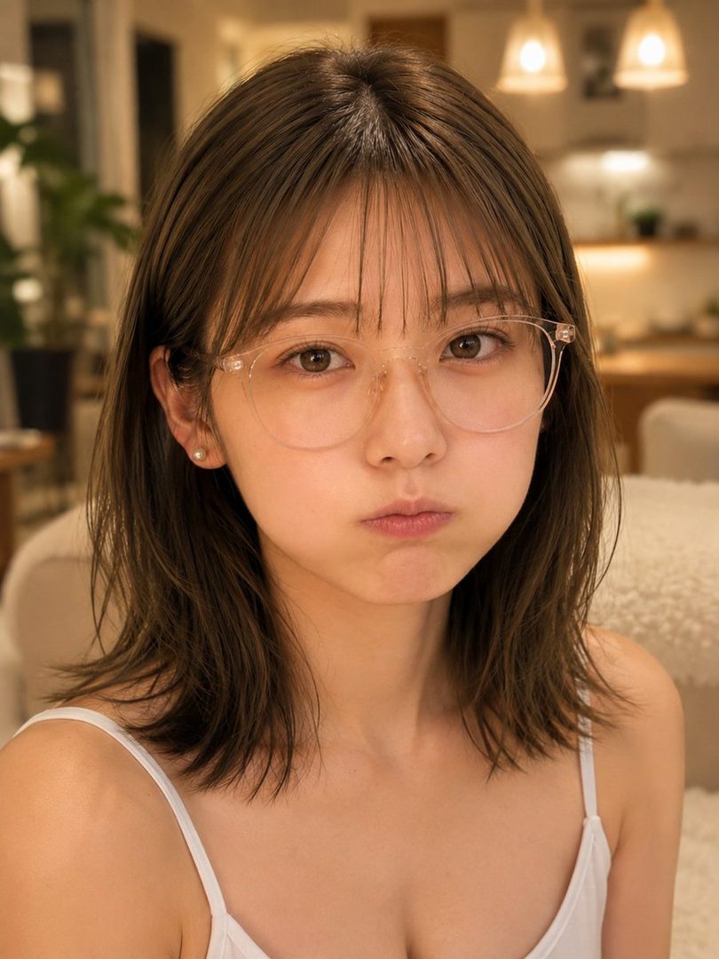 A cute East Asian woman with short brown hair and bangs, wearing glasses and a white camisole, pouting at the camera indoors.