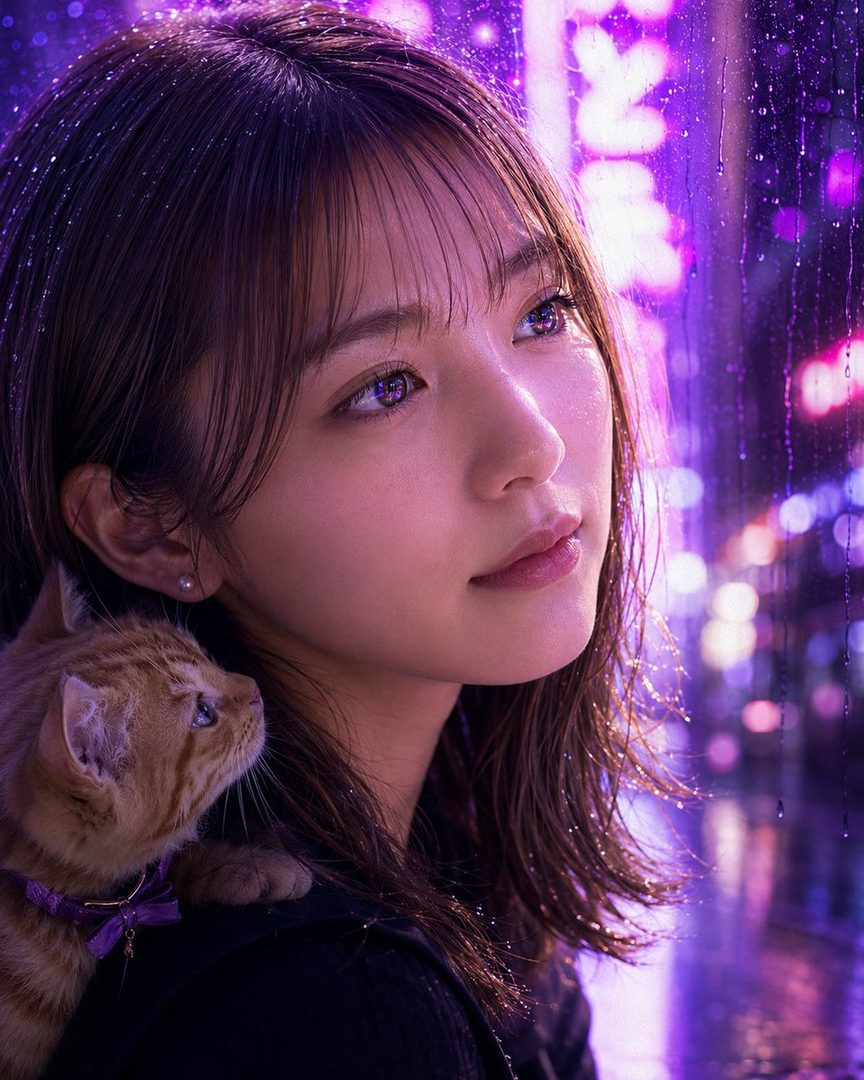 A woman with long brown hair and bangs looks out a rainy window at night, with purple neon lights reflecting on the glass, and a cat on her shoulder.