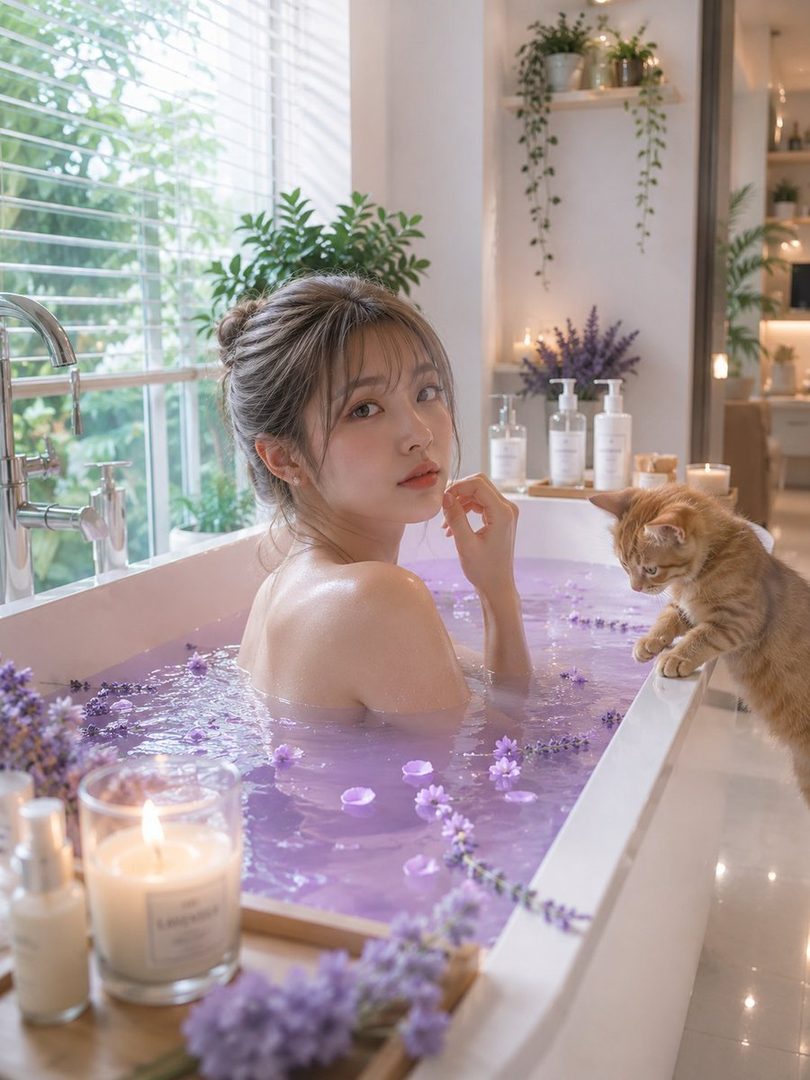 A woman with brown hair in a bun is taking a bath with purple bathwater and flower petals, looking over her shoulder at a cat on the edge of the tub.