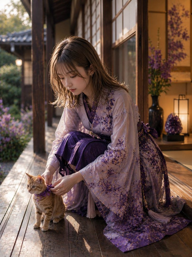 A young woman in a purple kimono kneels on a wooden floor, gently adjusting a bow on a small ginger cat.