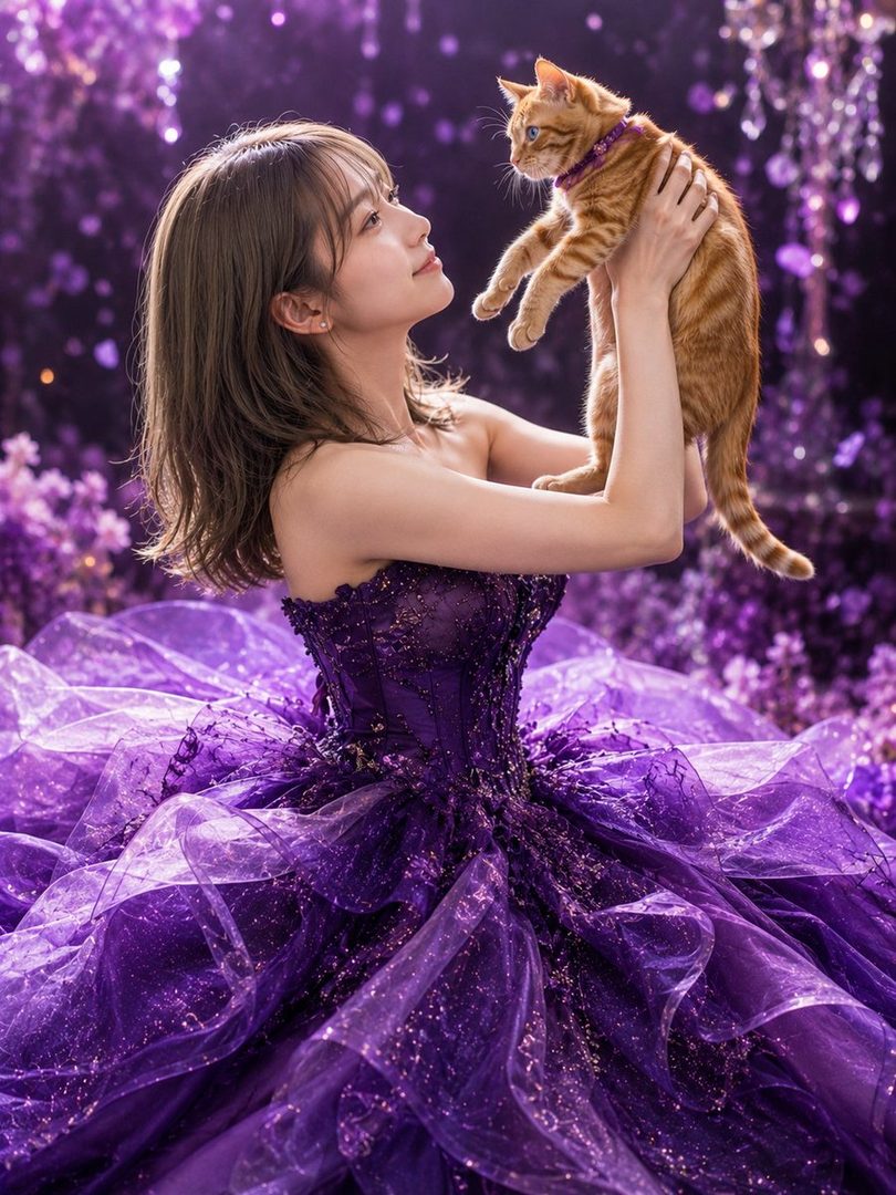A woman in a shimmering purple gown holds an orange cat in a dreamy, purple-lit setting.