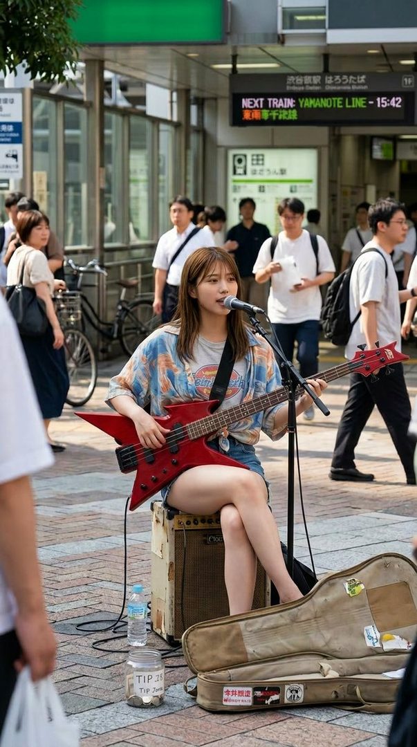 A young woman with brown hair is busking on a city street, playing a red bass guitar and singing into a microphone, with a tip jar and guitar case at her feet.