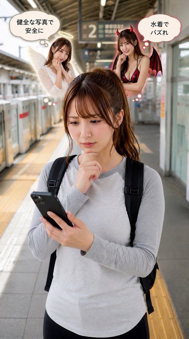 A young woman stands on a train station platform, looking thoughtfully at her phone, with thought bubbles above her head depicting an angel and a devil.