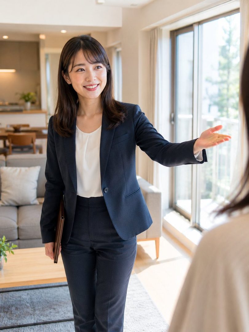 A smiling woman in a dark business suit gestures towards a bright window in a modern apartment, appearing to be a real estate agent.