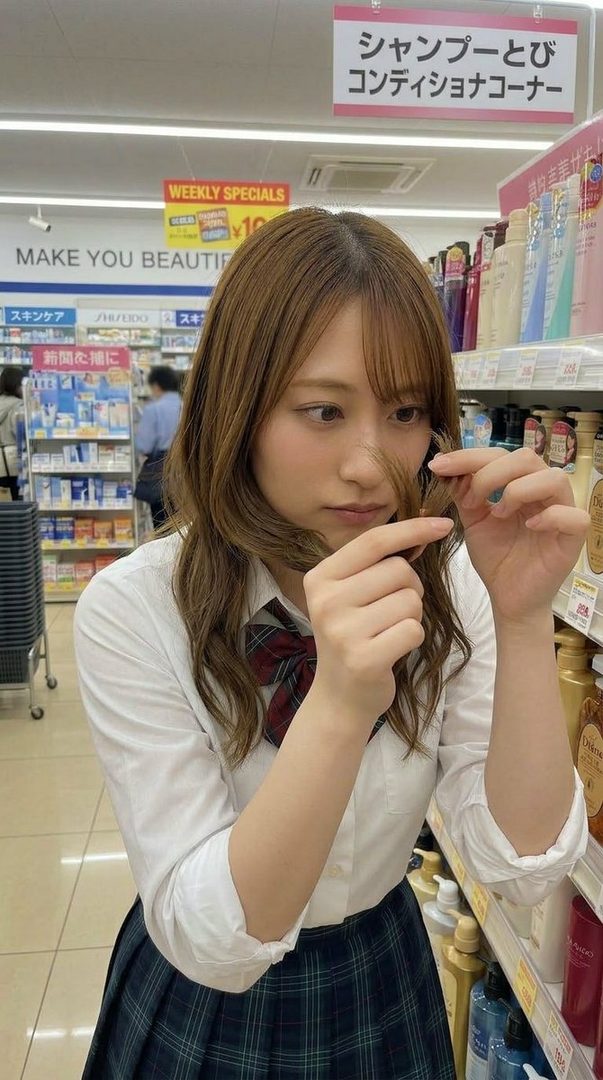 A young woman in a school uniform examines her hair while standing in a supermarket aisle, looking for shampoo.