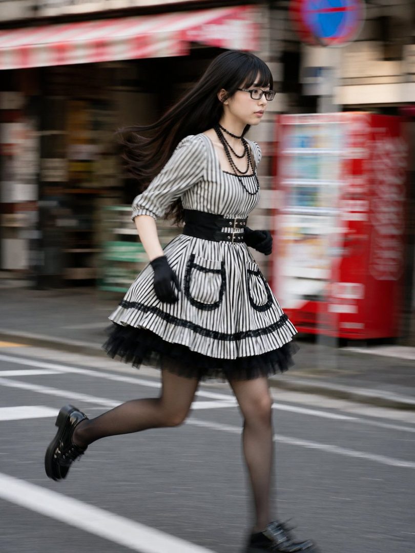 A young woman with long black hair and glasses, wearing a striped dress, runs across a city street.