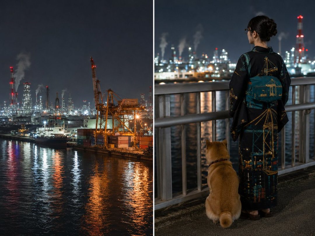 A woman in a kimono with a dog looks out at a brightly lit industrial port at night.