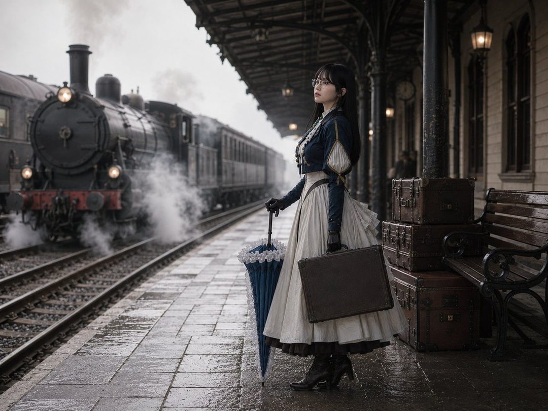 A woman in a vintage dress stands on a rainy train platform with a steam train in the background.
