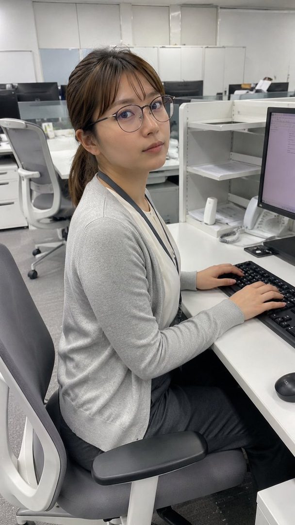 A young woman with brown hair tied in a ponytail and wearing glasses, a light grey cardigan, and a white top, is seated at an office desk, looking towards the viewer while typing on a keyboard.