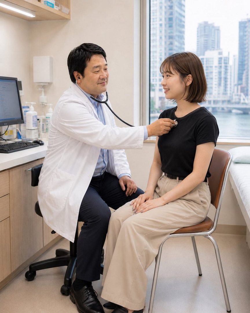 A doctor in a white lab coat uses a stethoscope to examine a young female patient in a modern clinic with a city view.