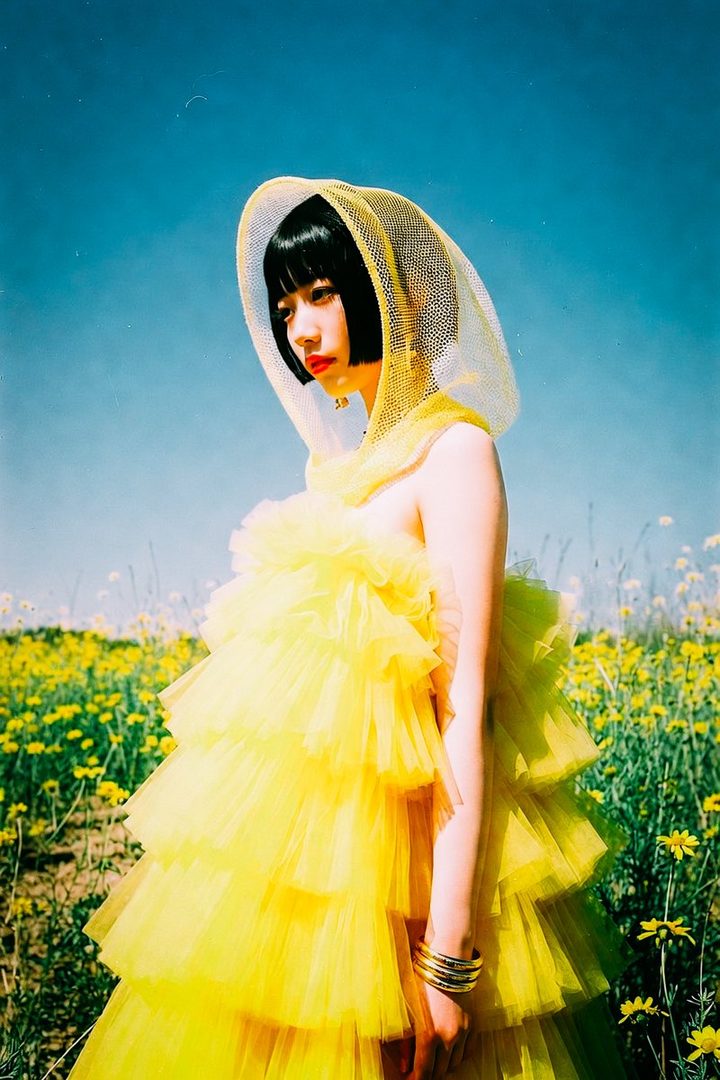 A woman with a bob haircut and red lipstick wears a vibrant yellow ruffled dress and a mesh hood, standing in a field of yellow flowers under a clear blue sky.