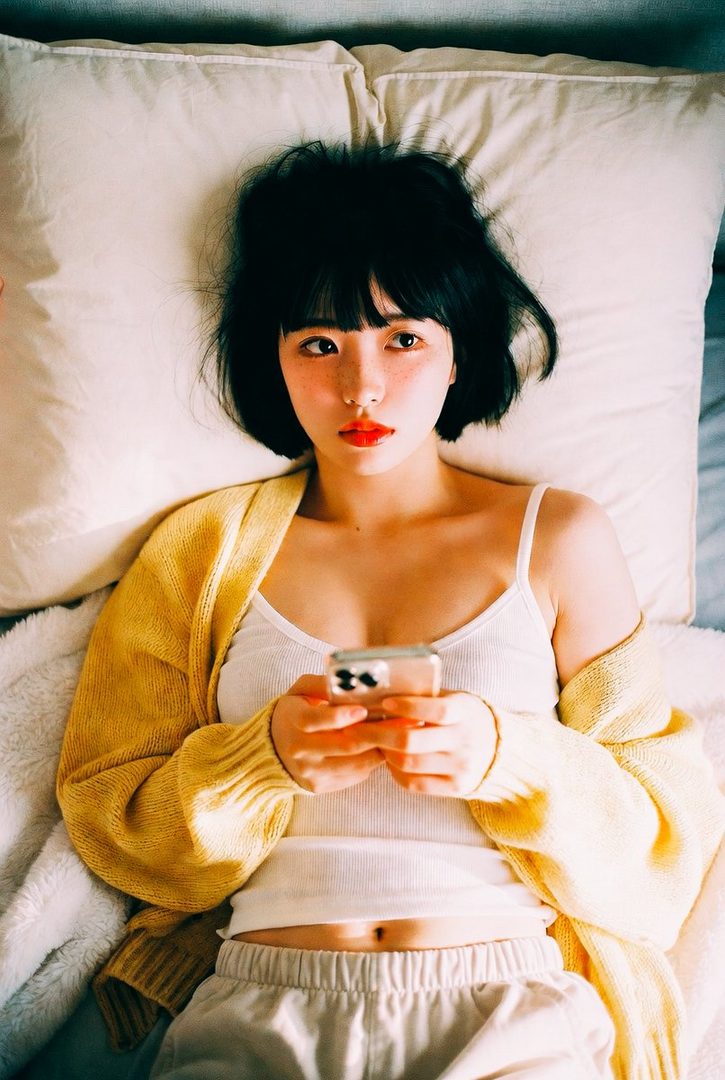 A young woman with short black hair and bangs lies on a bed, wearing a yellow cardigan over a white tank top and sweatpants, looking at her phone.