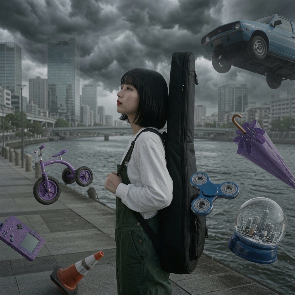 A woman with a bob haircut and overalls stands by a river in a city under a stormy sky, with various objects like a car, tricycle, and umbrella floating around her.