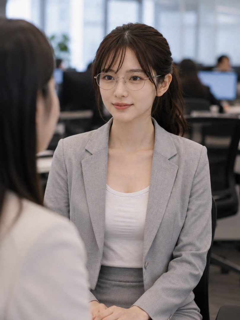 A young woman with brown hair tied in a ponytail and wearing glasses, a grey blazer, and a white top, is sitting in an office setting, looking at another person.