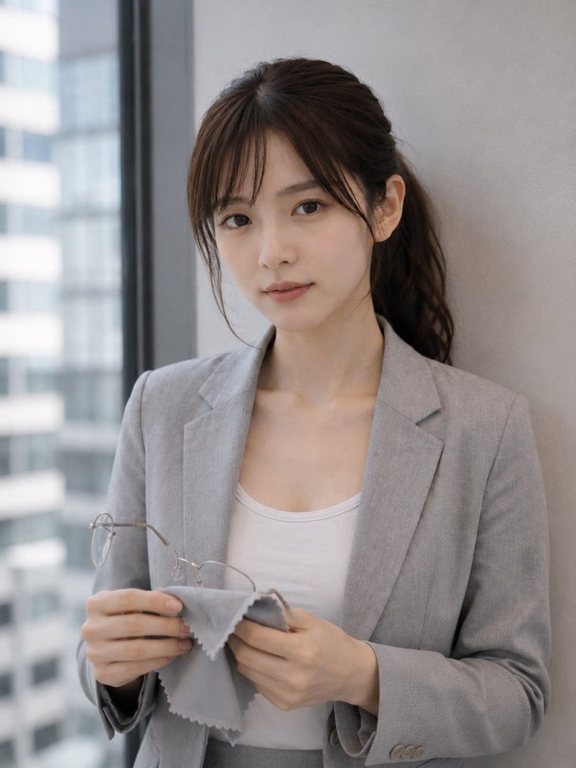 A young woman with dark brown hair tied in a ponytail and bangs, wearing a grey blazer over a white tank top, cleaning her glasses with a cloth in an office setting.
