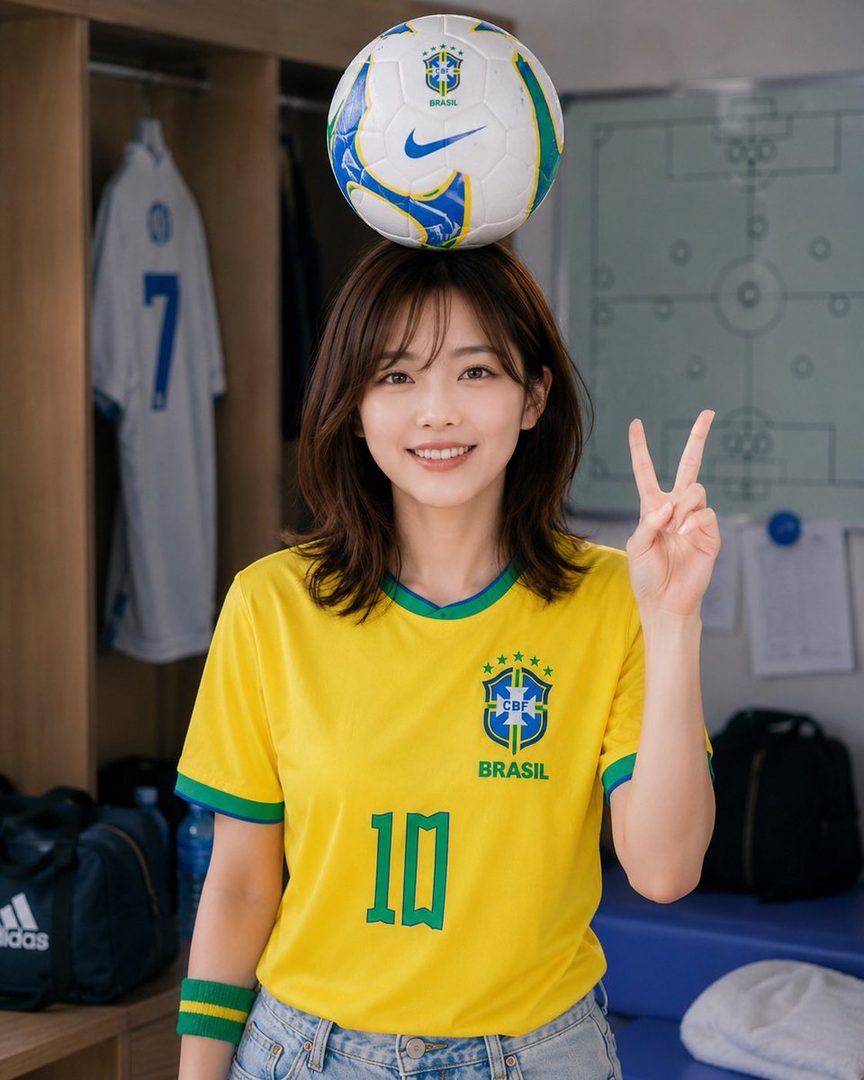A smiling woman wearing a yellow Brazil soccer jersey and jeans, balancing a soccer ball on her head and making a peace sign, in what appears to be a locker room.