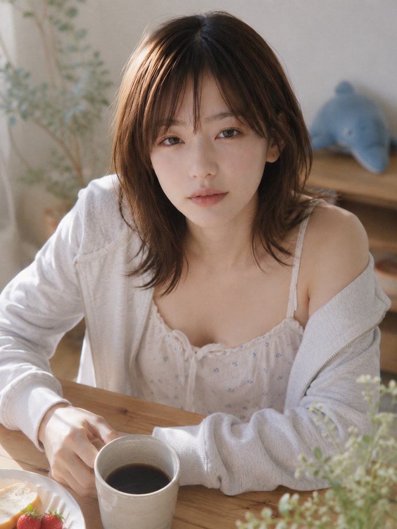 A young woman with brown hair and bangs, wearing a light grey hoodie over a white camisole, sits at a wooden table with a cup of coffee and breakfast, looking directly at the viewer.