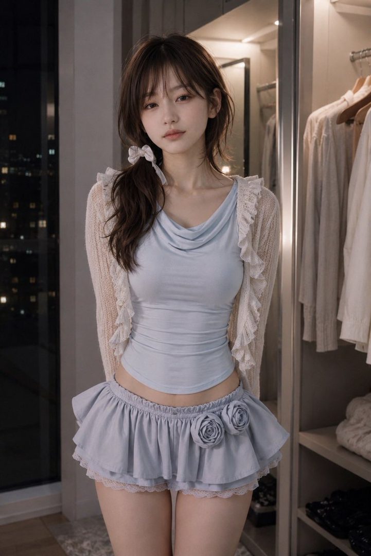 A young woman with dark brown hair tied in a ponytail with a white bow, wearing a light blue top, a ruffled cardigan, and a matching ruffled skirt with rose details, stands indoors with a city night view in the background.