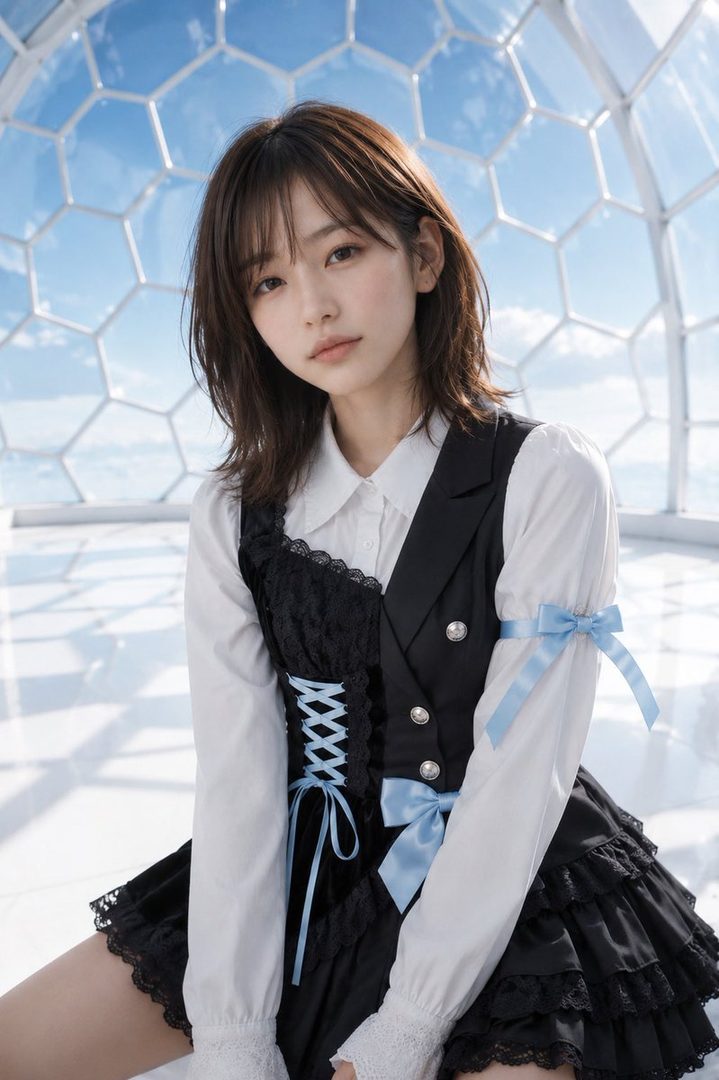 A young woman with brown hair and bangs wears a black and white lolita-style dress with blue ribbon accents, sitting in a bright, futuristic interior with a geometric glass ceiling.