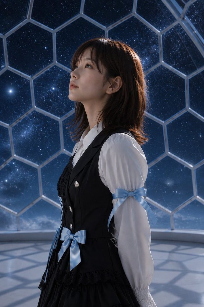 A young woman with brown bob hair, wearing a black and white lolita dress with blue bows, looks up thoughtfully against a background of a starry sky seen through hexagonal windows.