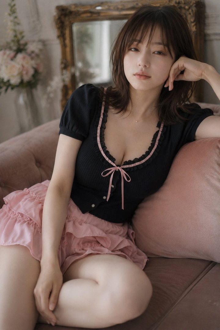 A young woman with dark brown hair and bangs, wearing a black top with pink ribbon trim and a pink ruffled skirt, sitting on a sofa indoors.