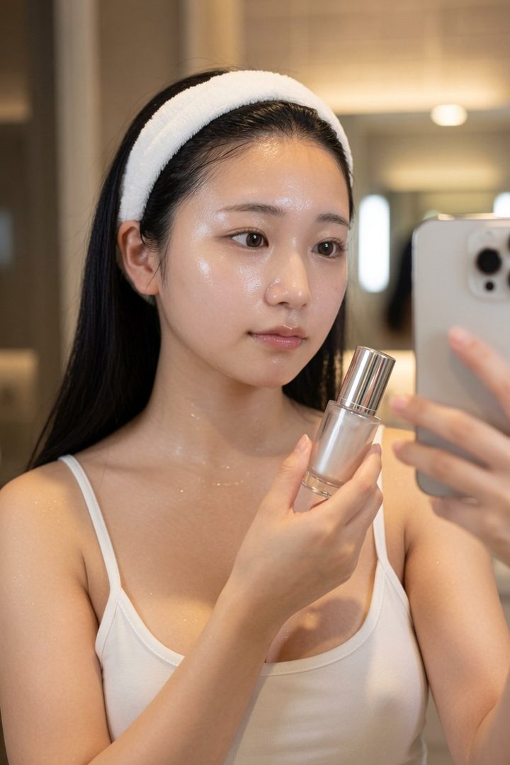 A young woman with a white headband takes a selfie while holding a skincare product, showcasing her glowing skin.