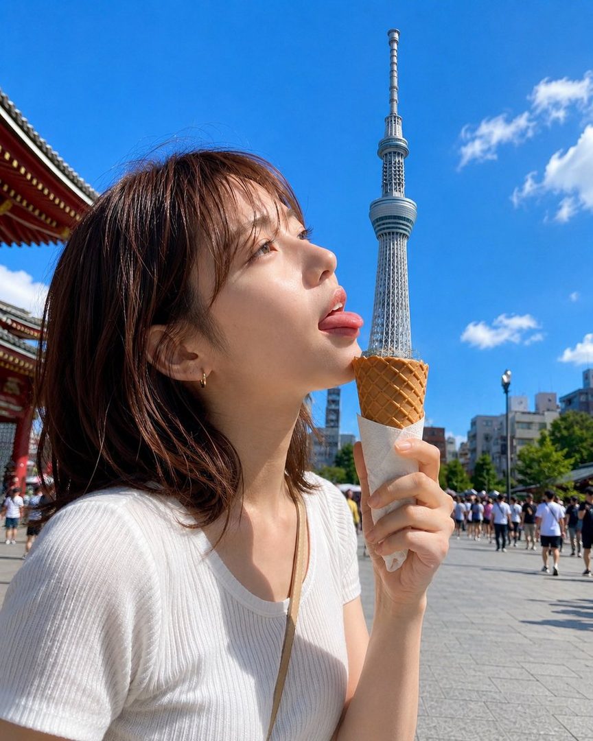A young woman playfully licks an ice cream cone with the Tokyo Skytree in the background under a clear blue sky.