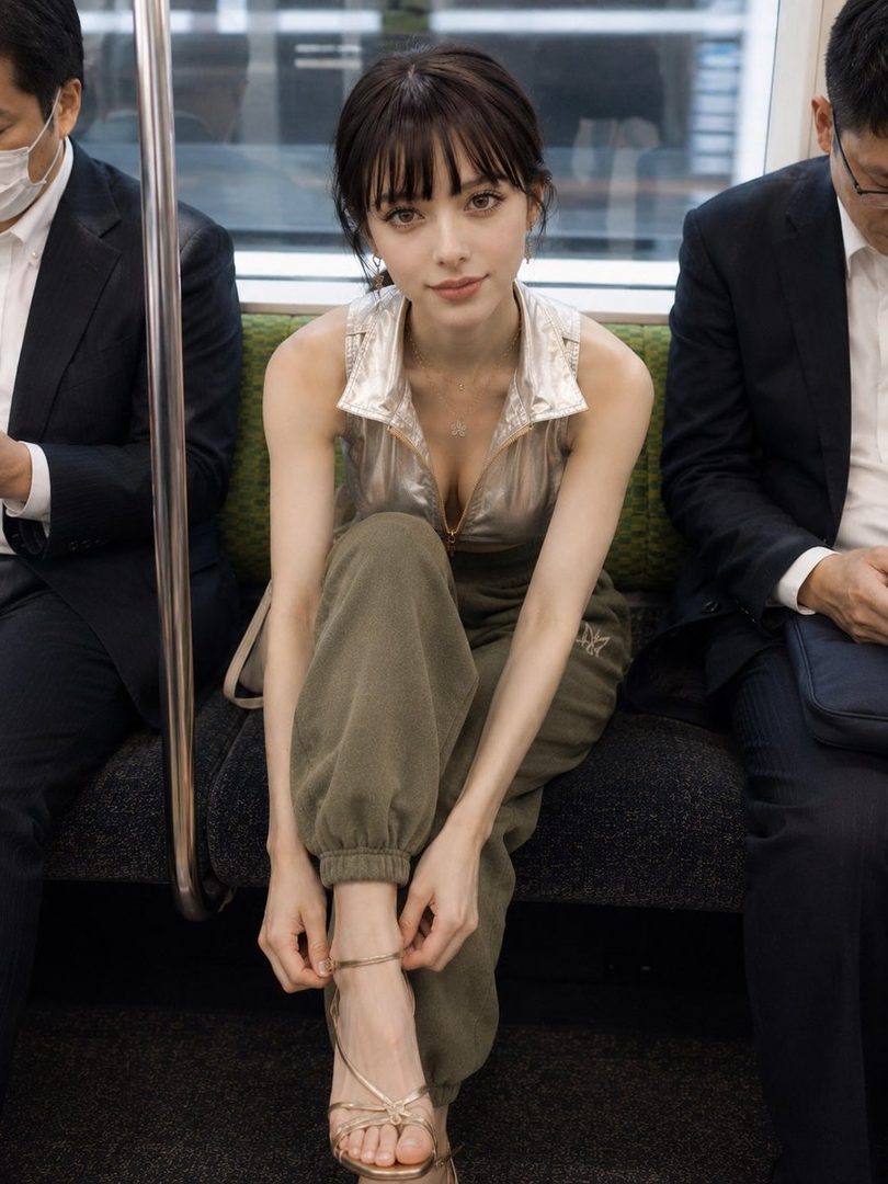 A woman with dark brown hair and bangs sits on a subway train, wearing a metallic silver top, olive green sweatpants, and gold sandals, looking directly at the viewer.