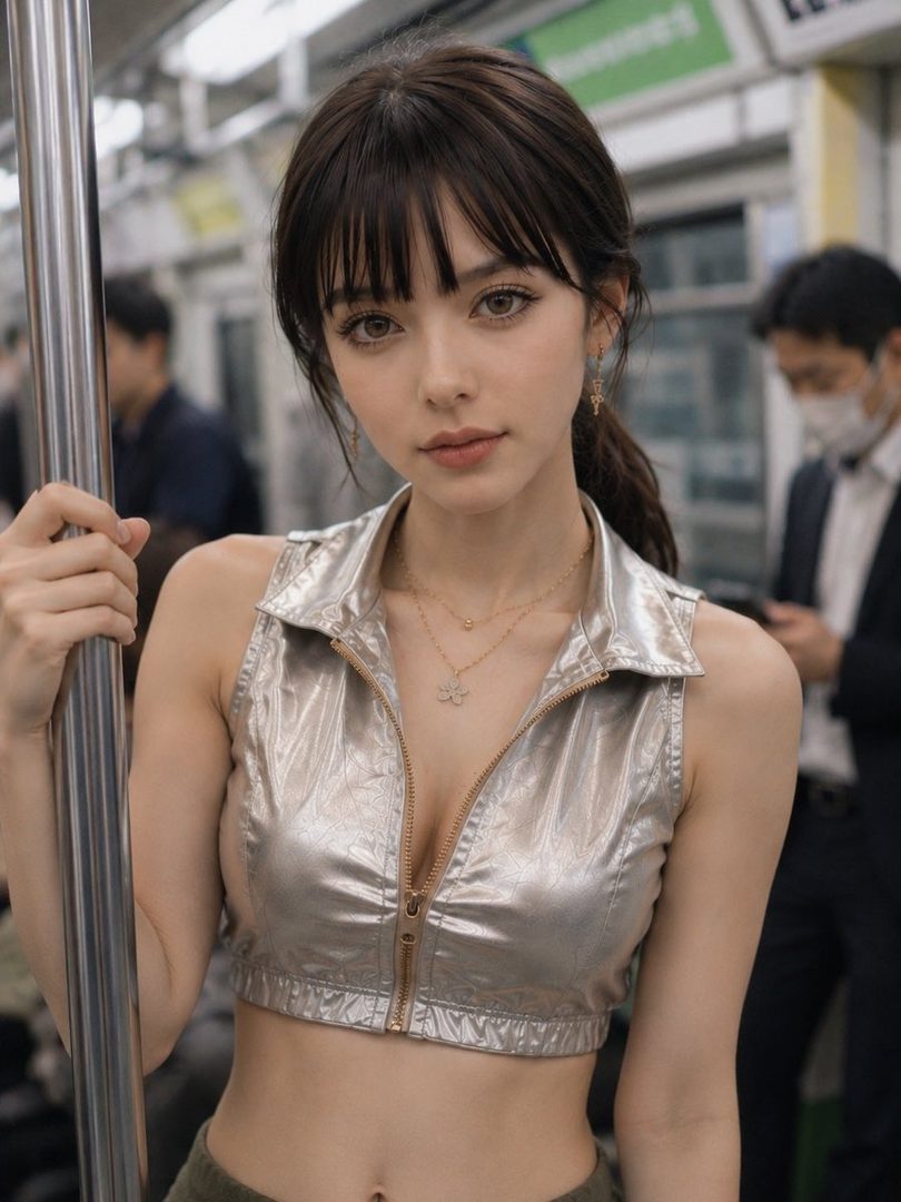 A young woman with dark brown hair and bangs wears a silver zippered crop top while holding onto a pole in a subway car.