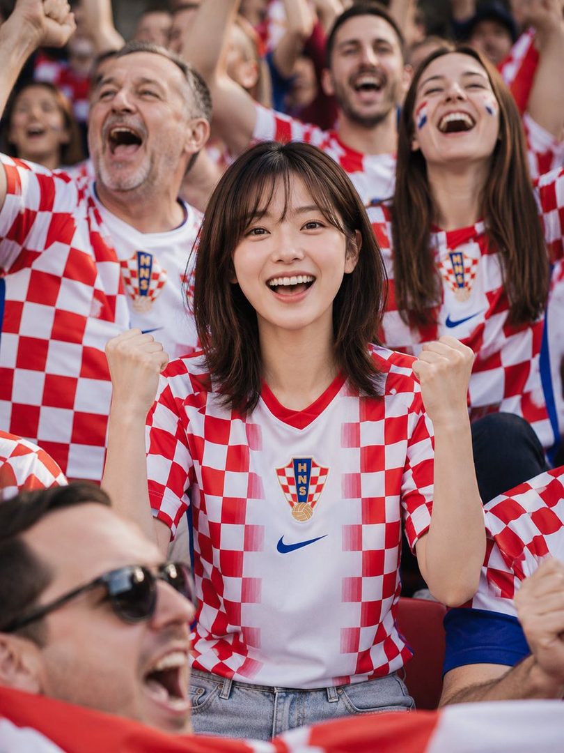 A young woman with dark brown hair and bangs, wearing a Croatian national football team jersey, is cheering excitedly in a stadium with other fans.