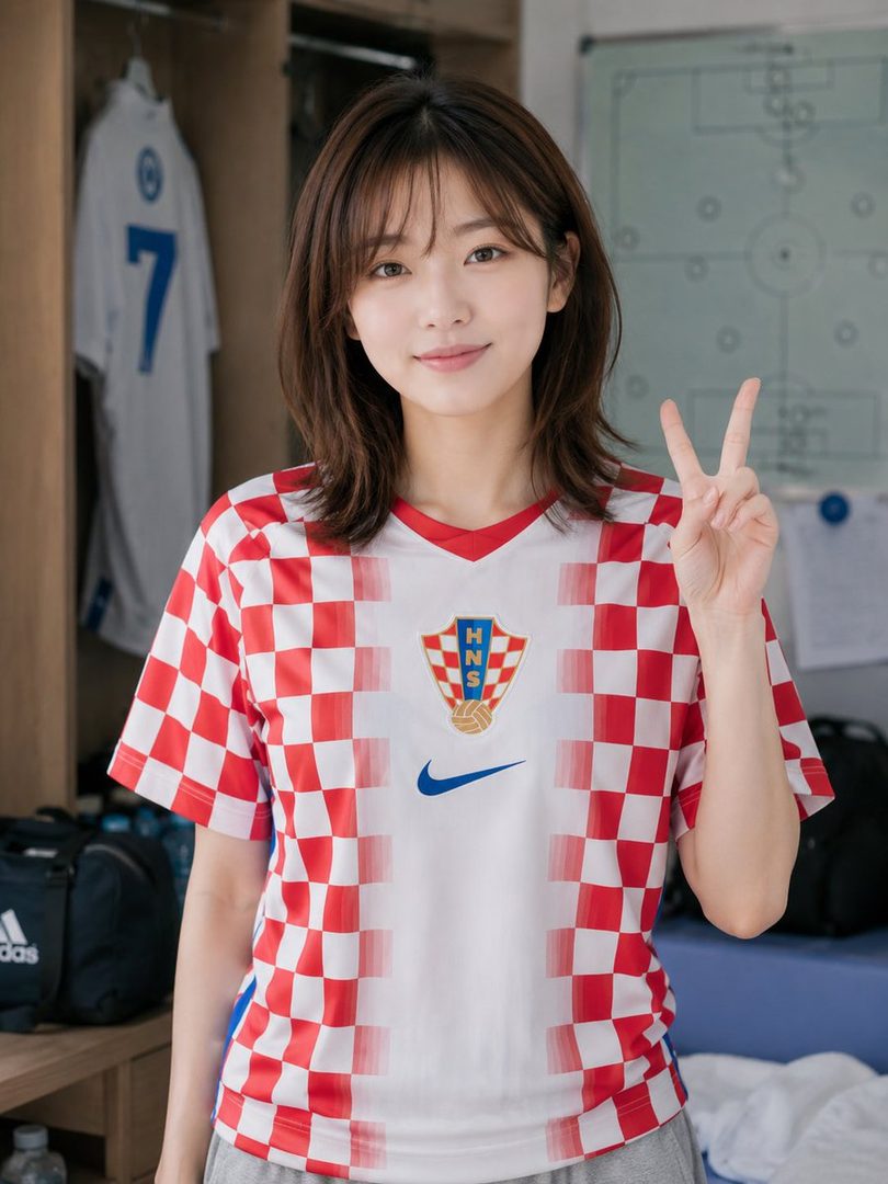 A young woman with brown hair and bangs smiles and makes a peace sign while wearing a red and white checkered Croatia national football team jersey in what appears to be a locker room.