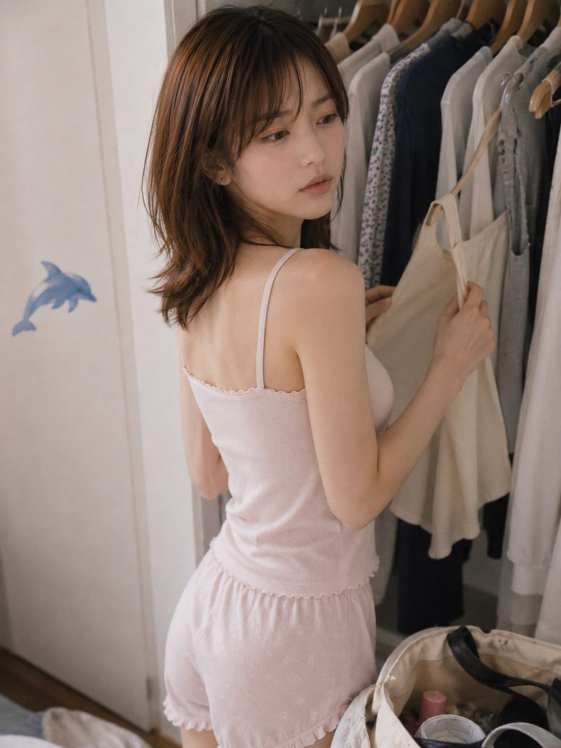 A young woman in light pink pajamas is looking into a closet, holding a piece of clothing.