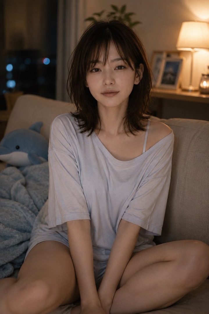 A young woman with dark brown shaggy bob hair and bangs sits cross-legged on a sofa in a cozy room, wearing an oversized light blue t-shirt, with a stuffed dolphin beside her.