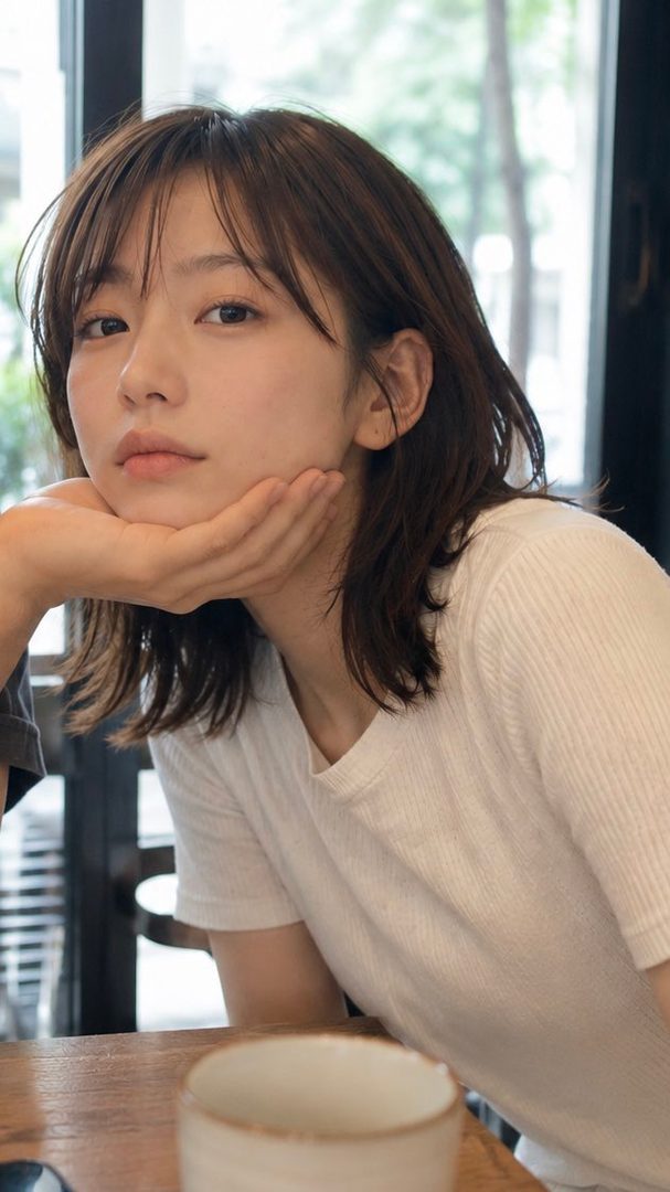 A young woman with brown hair and bangs, wearing a white t-shirt, rests her chin on her hand while looking forward in a cafe setting.