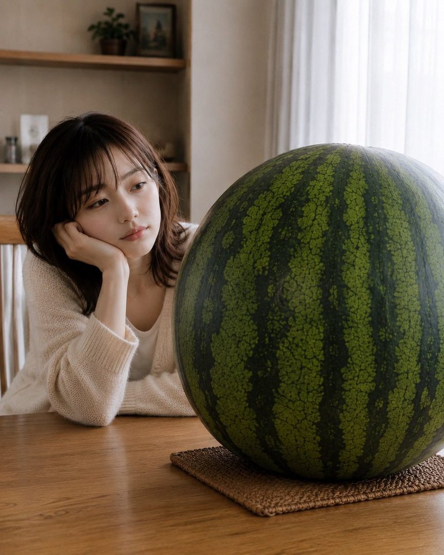 A young woman with dark brown hair sits at a wooden table, looking thoughtfully at a large watermelon.