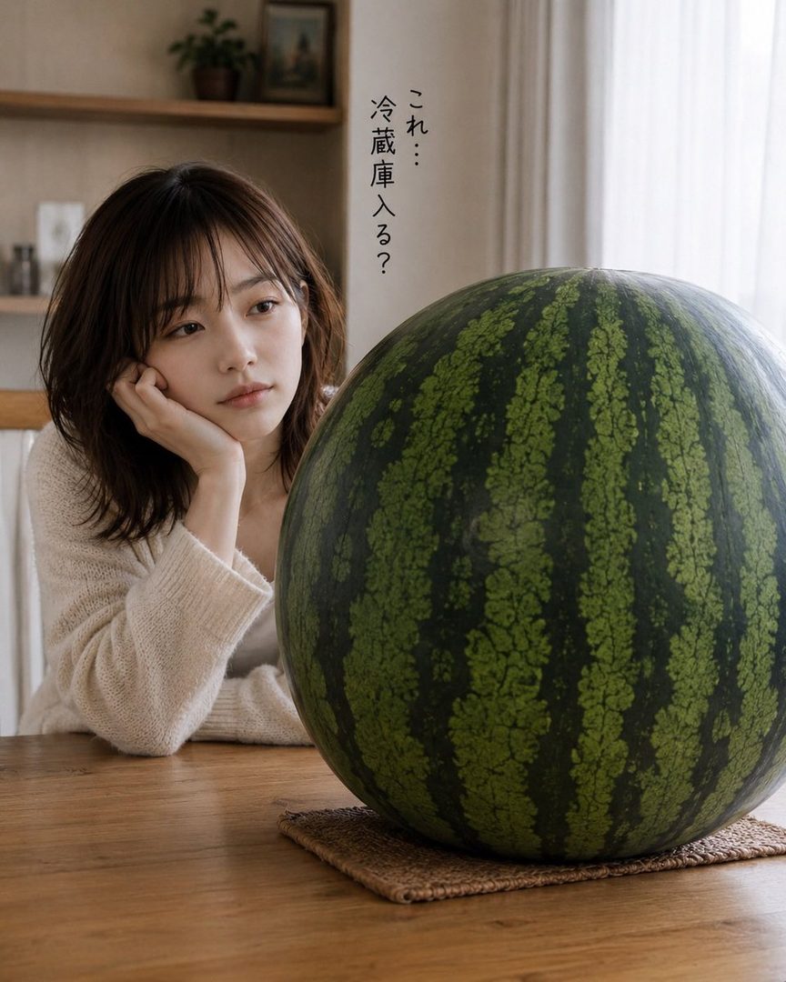A young woman with short brown hair and a cream sweater looks thoughtfully at a giant watermelon on a wooden table.