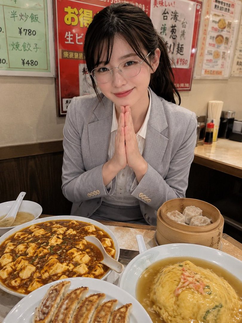 A young woman with dark hair tied in a ponytail and wearing glasses, a white shirt, and a grey suit jacket, smiles with her hands clasped in front of a table laden with Chinese dishes like mapo tofu, gyoza, and omelet rice in a restaurant.