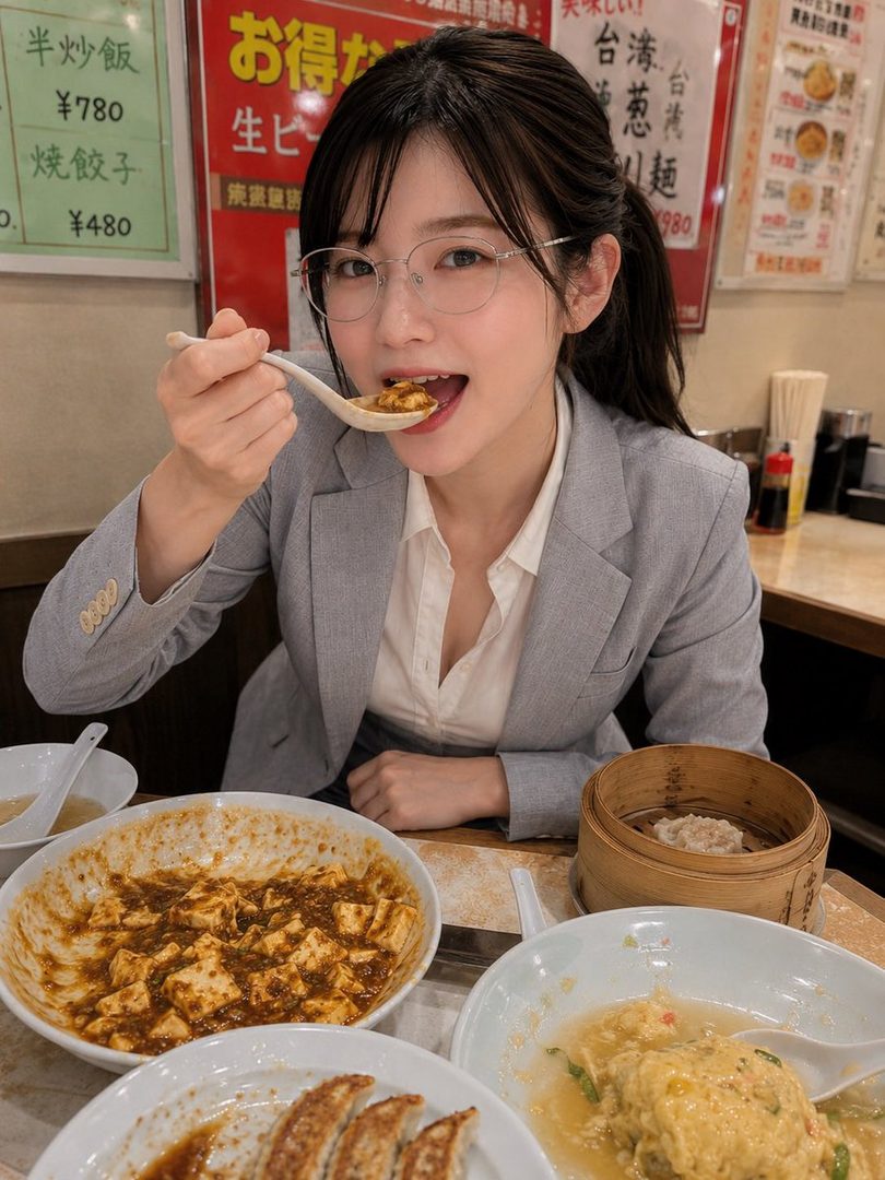 A young woman with dark hair and glasses, wearing a grey blazer and white shirt, is happily eating Chinese food with a spoon in a restaurant.