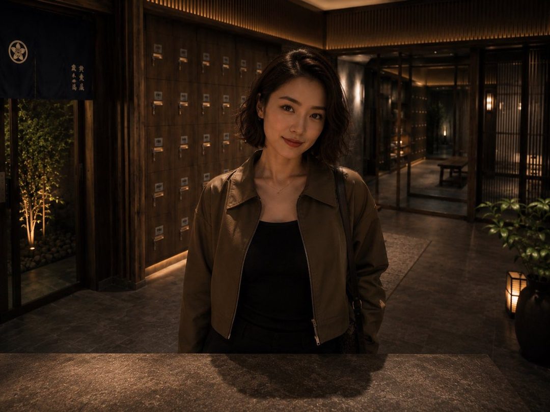 A woman with short dark hair and a brown jacket stands in a dimly lit traditional Japanese interior.