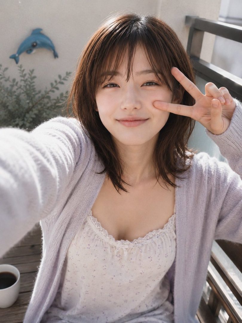 A young woman with brown hair and bangs smiles at the camera, making a peace sign with her fingers, while wearing a light purple cardigan and a white camisole, with a cup of coffee and a blue dolphin decoration visible in the background.
