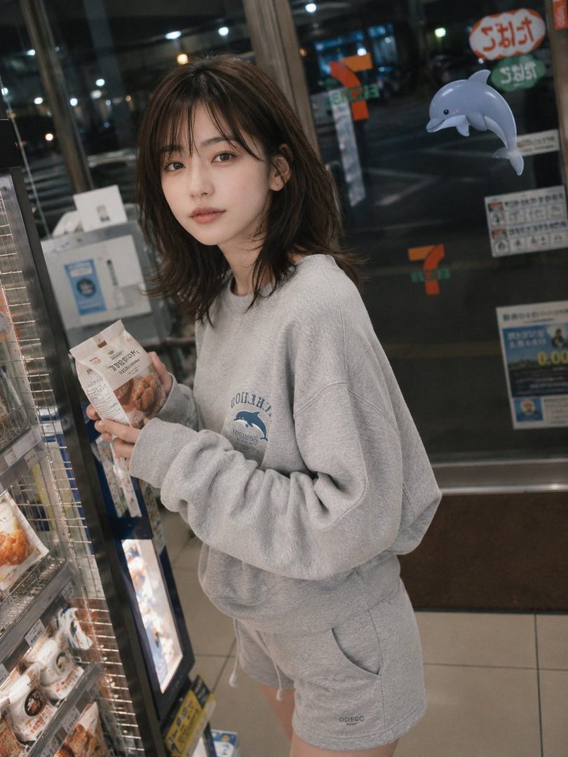 A young woman with dark brown hair and bangs, wearing a grey sweatshirt and shorts, stands in a convenience store holding a snack.