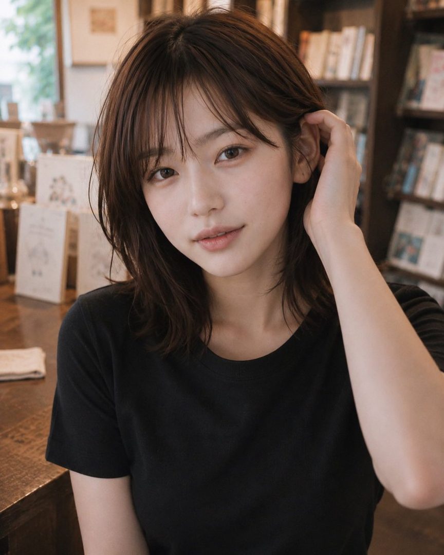 A young woman with dark brown shaggy bob hair and bangs, wearing a black t-shirt, poses in a book cafe with a gentle expression.