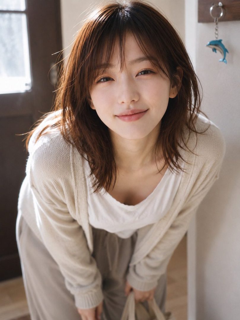 A young woman with brown hair and bangs smiles gently while leaning forward, wearing a light-colored cardigan and white t-shirt indoors.